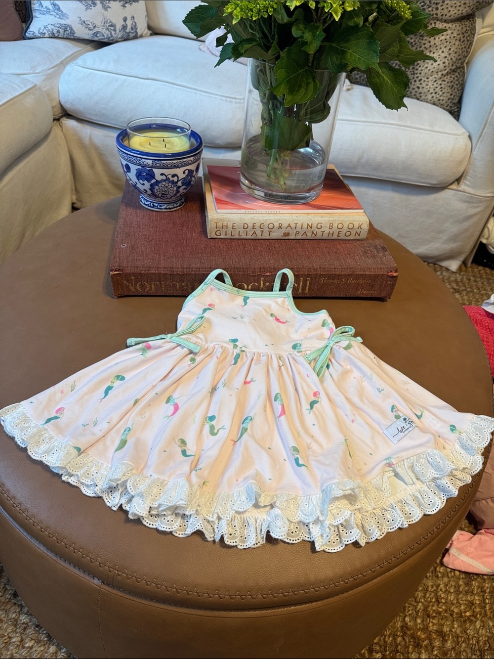 Pink Mermaid Print Eyelet Dress with Mint Trim
